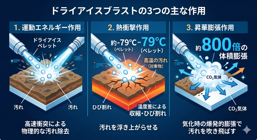 ドライアイスブラスト　ドライアイス洗浄　3つの作用